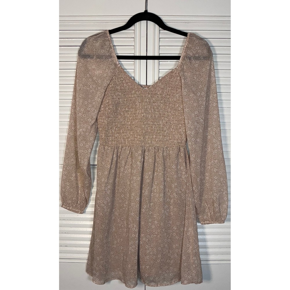 Japna Tan Floral Smocked‎ Puff Sleeve Dress Small Romantic Cottagecore Western